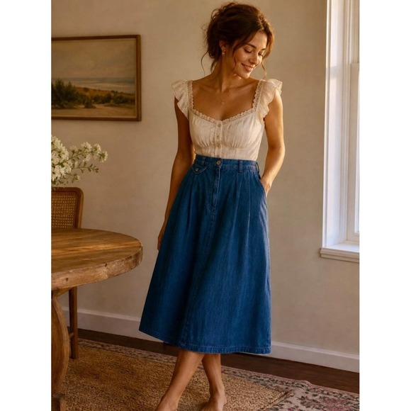 Lands' End Dresses & Skirts - Vintage Lands End Denim Midi Skirt Blue Cotton Pleated High Waist Made in USA